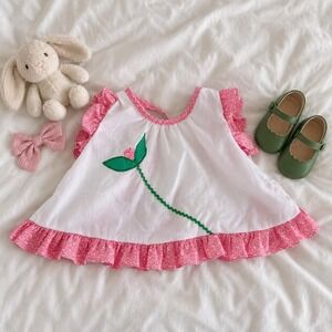 Pink Rose Baby Dress  60s Vintage pink white baby dress size 3  months